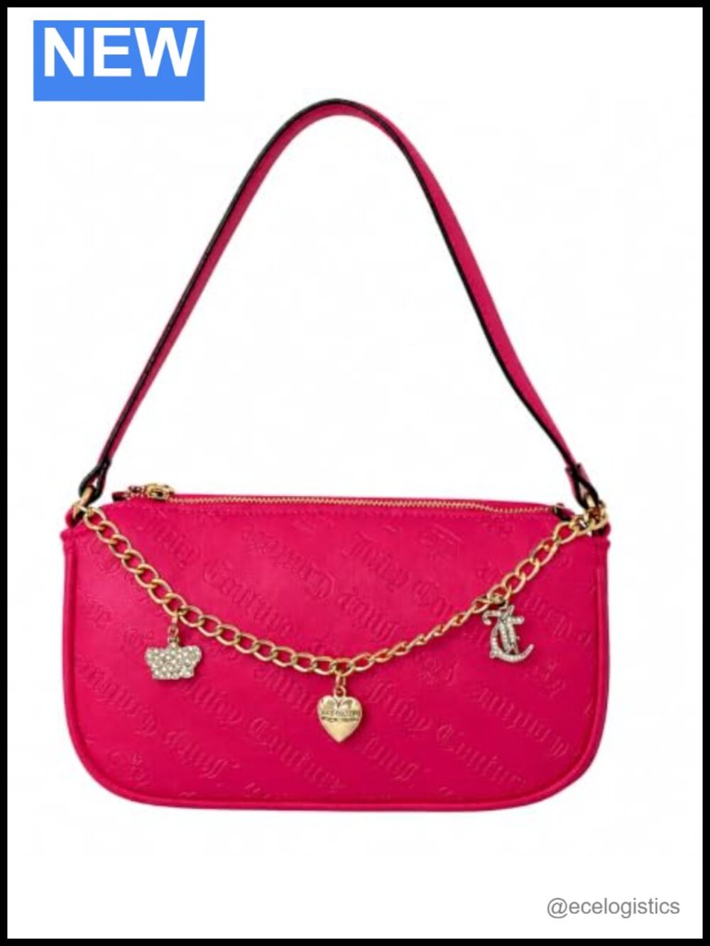 Faux Suede Baguette Shoulder Bag with Crystal Crown Charm Chain